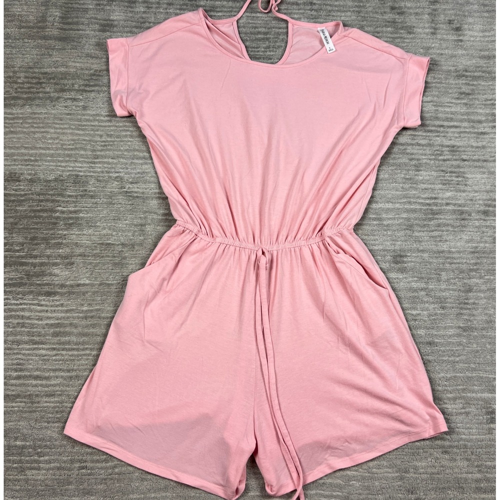 Zenana Premium Romper Womens L Pink Short Sleeve Elastic‎ Waist Back Tie Casual